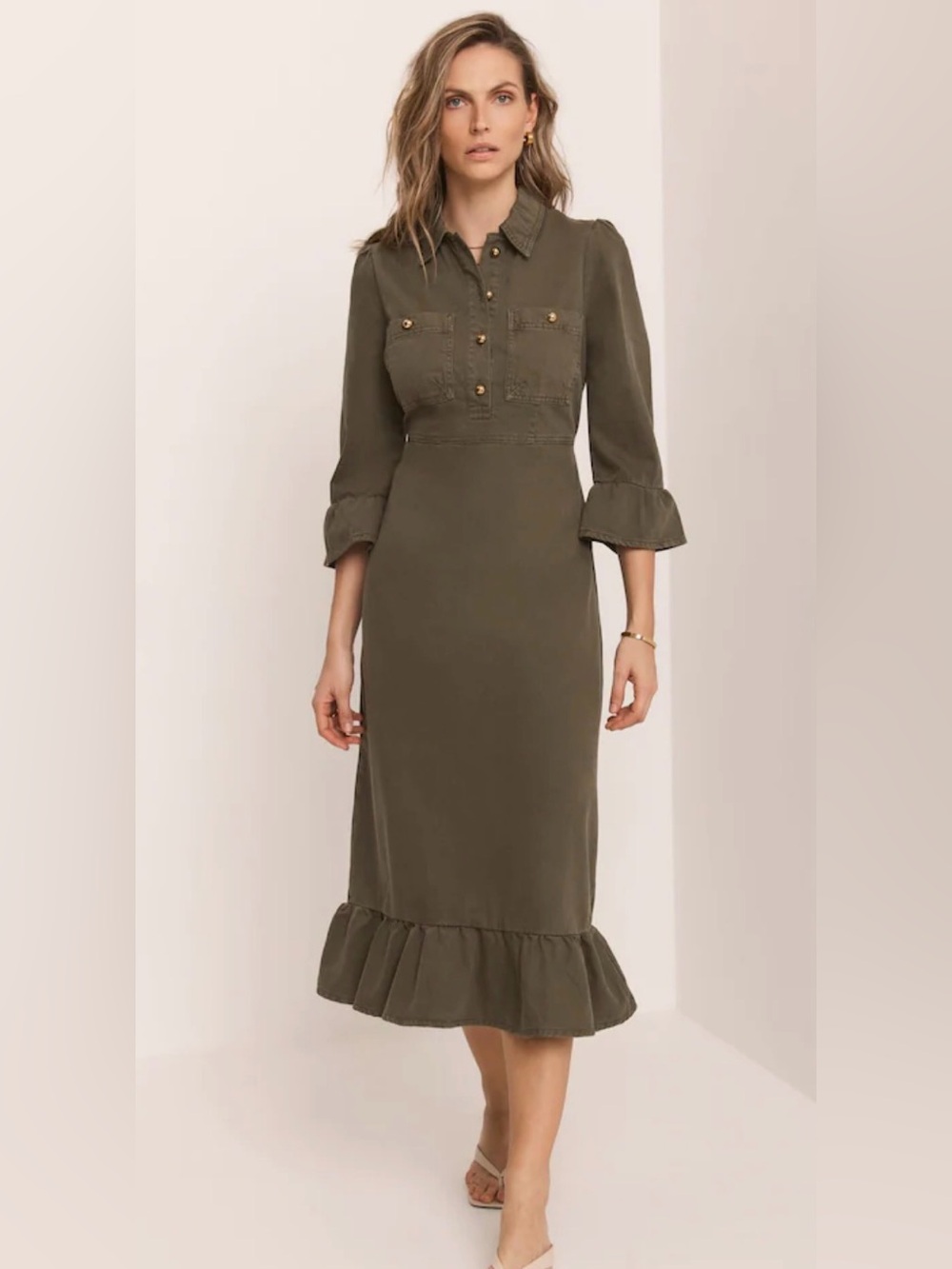 MINT VELVET Khaki Frill Midi Dress with Ruffle-Hem Shirt Dress - Women's
